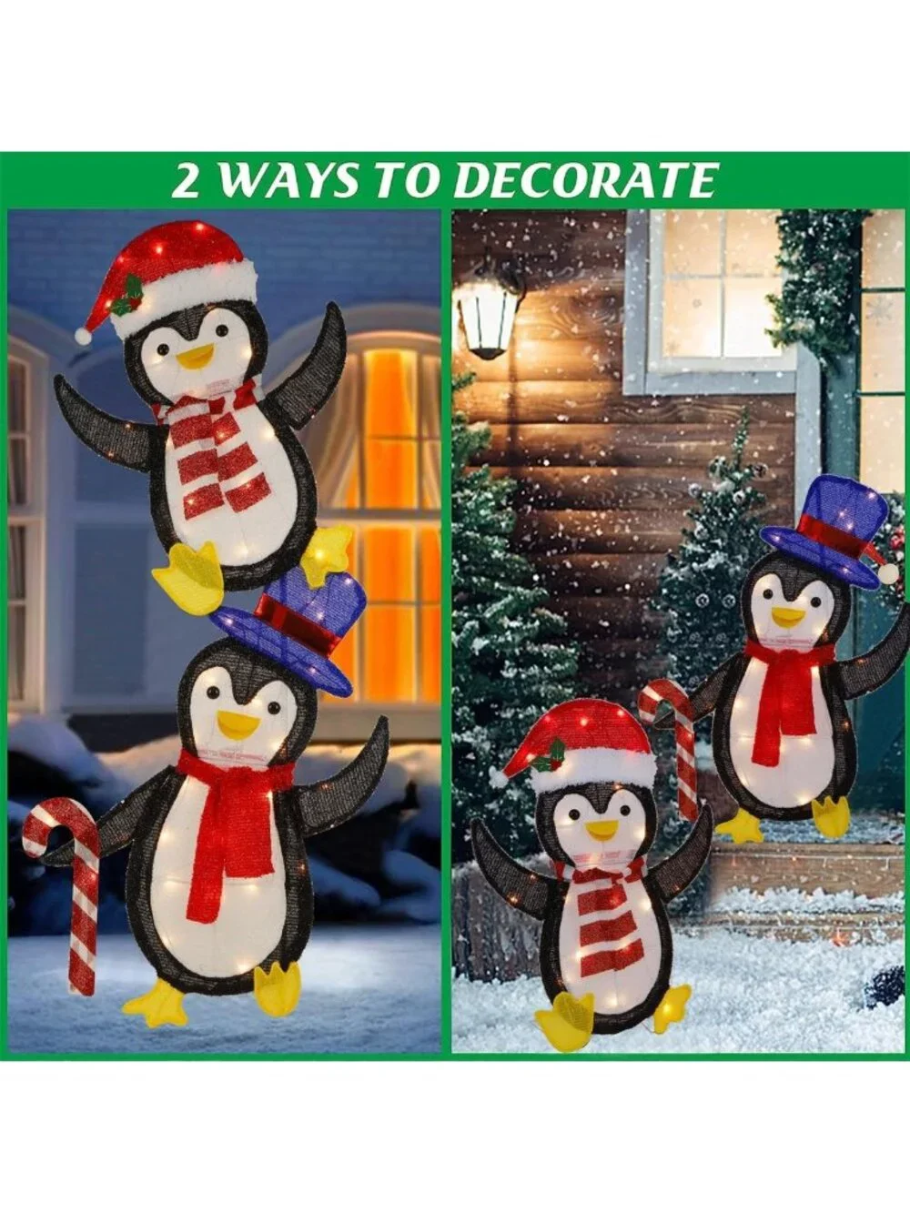 Set of 2 Lighted Tinsel Penguins - Pre-Lit 2D Holiday Decor for Indoor/Outdoor